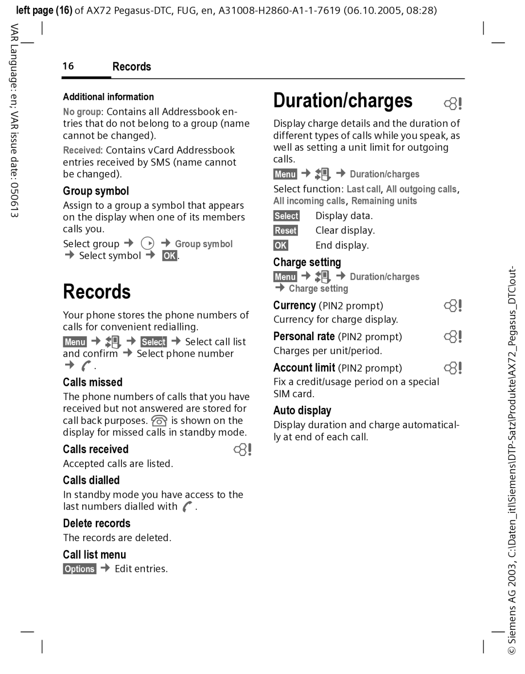 Siemens AX72 manual Duration/charges, Records 