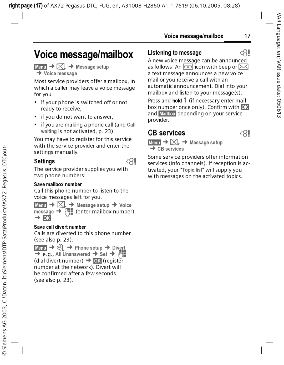 Siemens AX72 manual Voice message/mailbox, Settings, Listening to message 