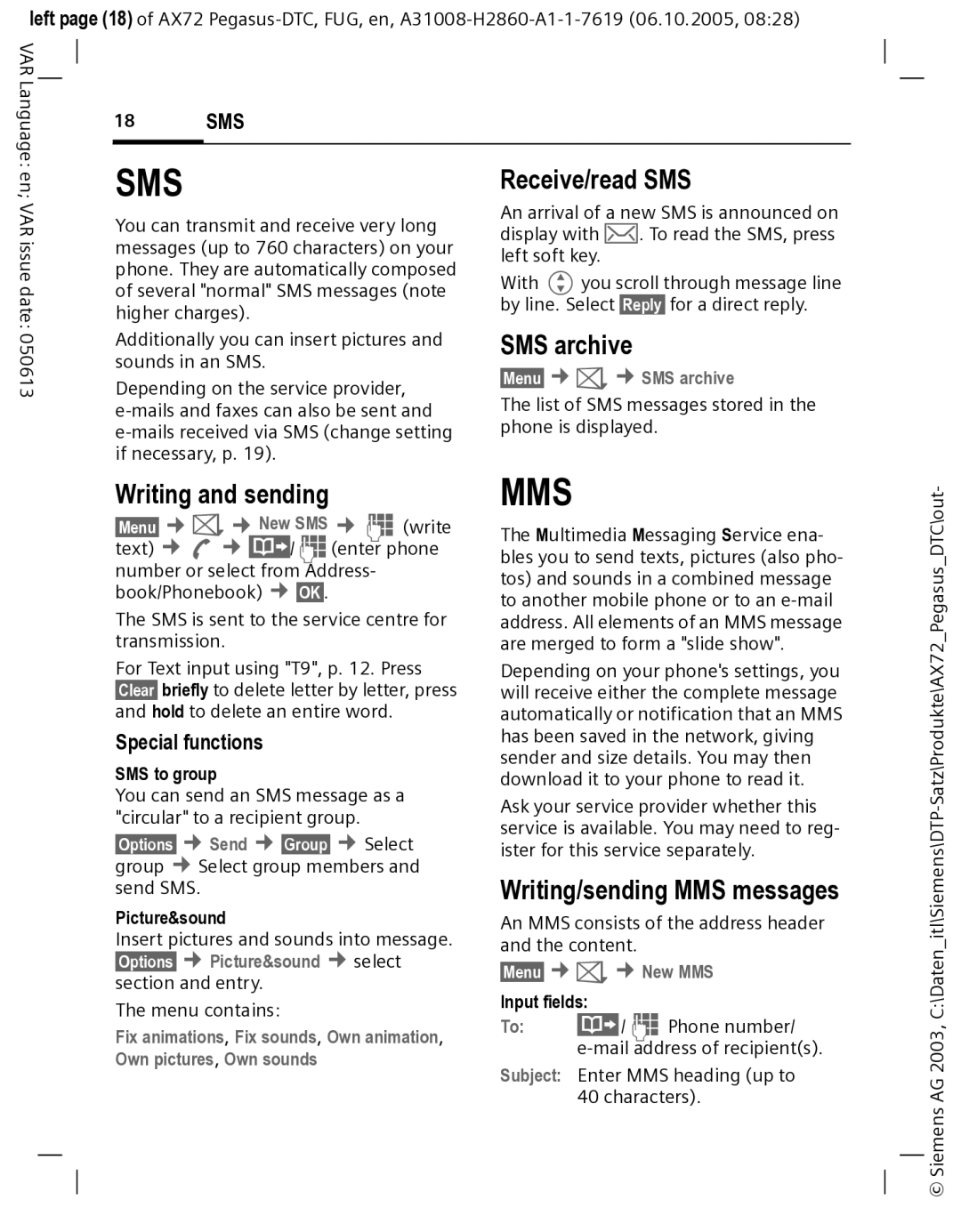 Siemens AX72 manual Receive/read SMS, SMS archive, Writing and sending, Writing/sending MMS messages, Special functions 