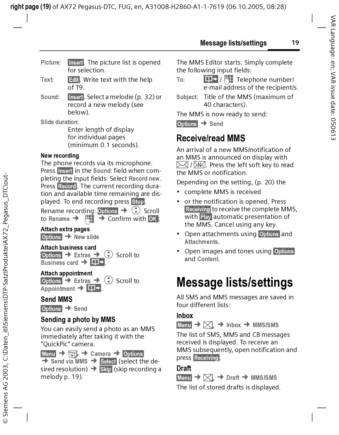 Siemens AX72 manual Message lists/settings, Receive/read MMS 