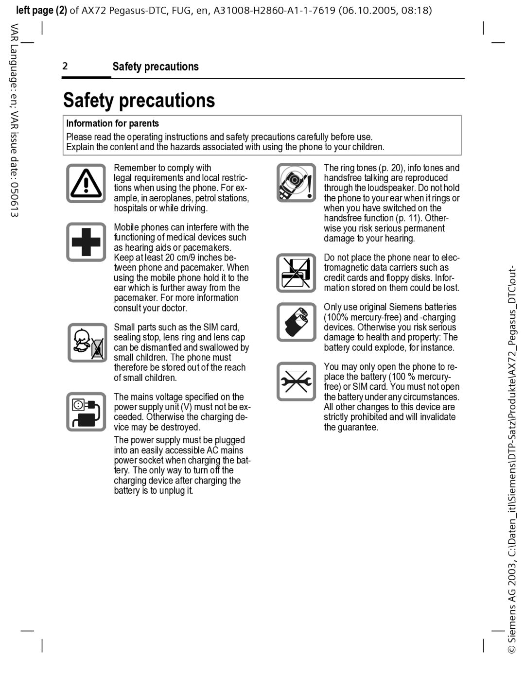 Siemens AX72 manual Safety precautions, Information for parents, Remember to comply with Ring tones p , info tones 