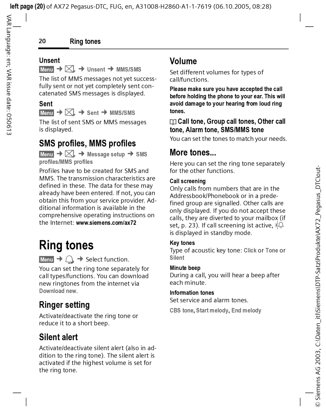 Siemens AX72 manual Ring tones 