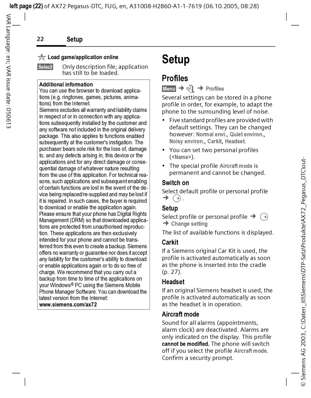 Siemens AX72 manual Setup, Profiles 