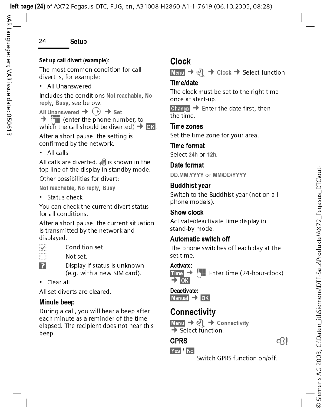 Siemens AX72 manual Clock, Connectivity 