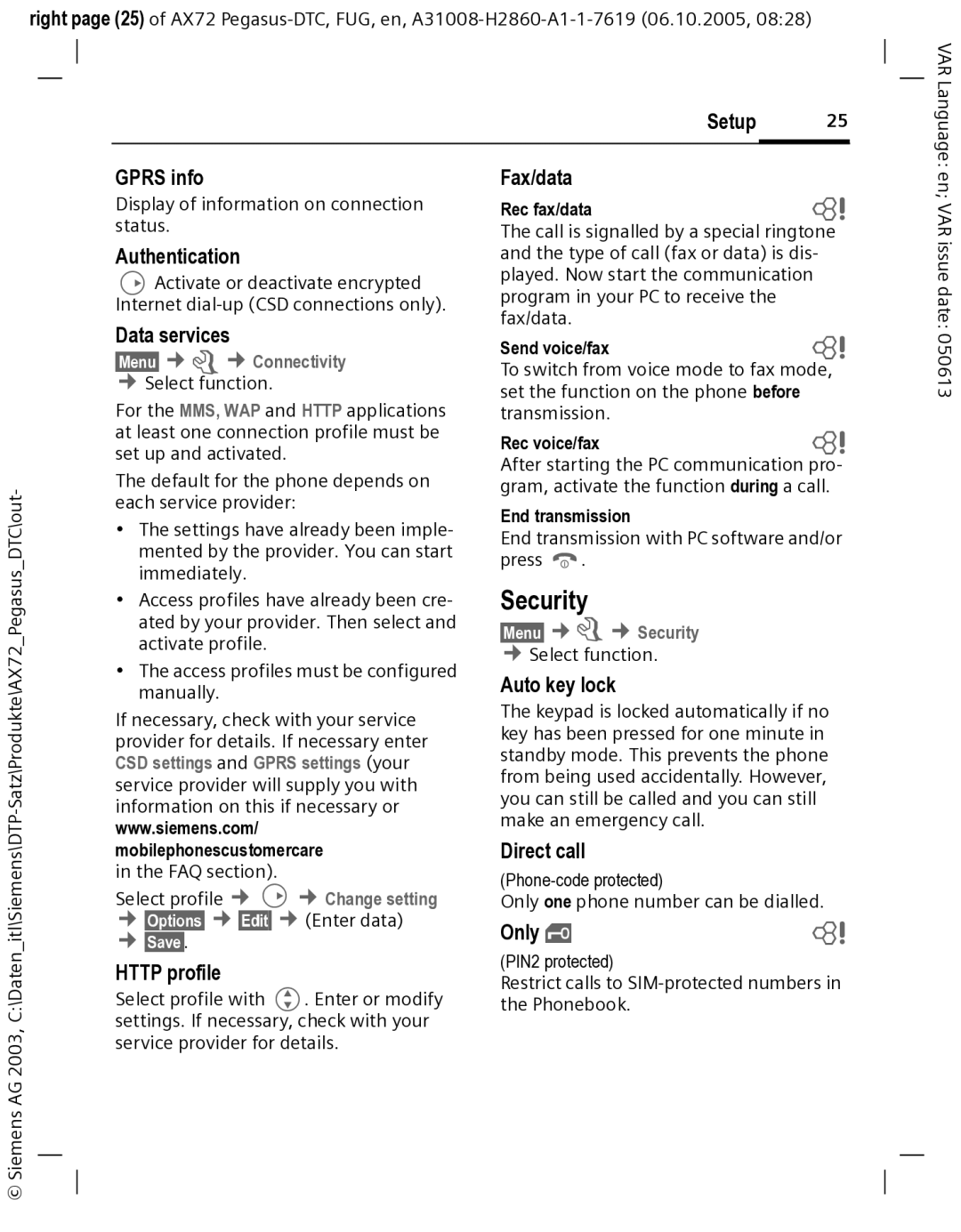 Siemens AX72 manual Security 