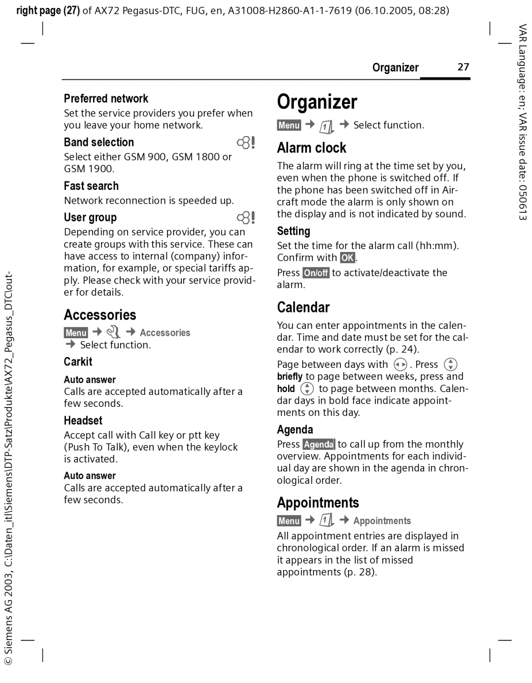 Siemens AX72 manual Organizer, Alarm clock, Calendar, Accessories, Appointments 
