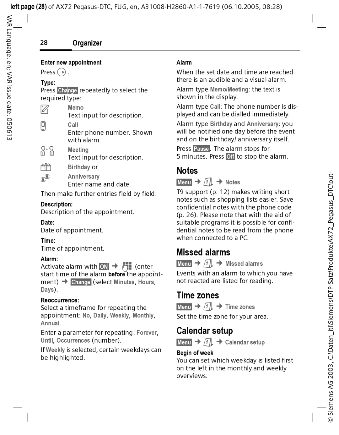 Siemens AX72 manual Missed alarms, Time zones, Calendar setup, Organizer 