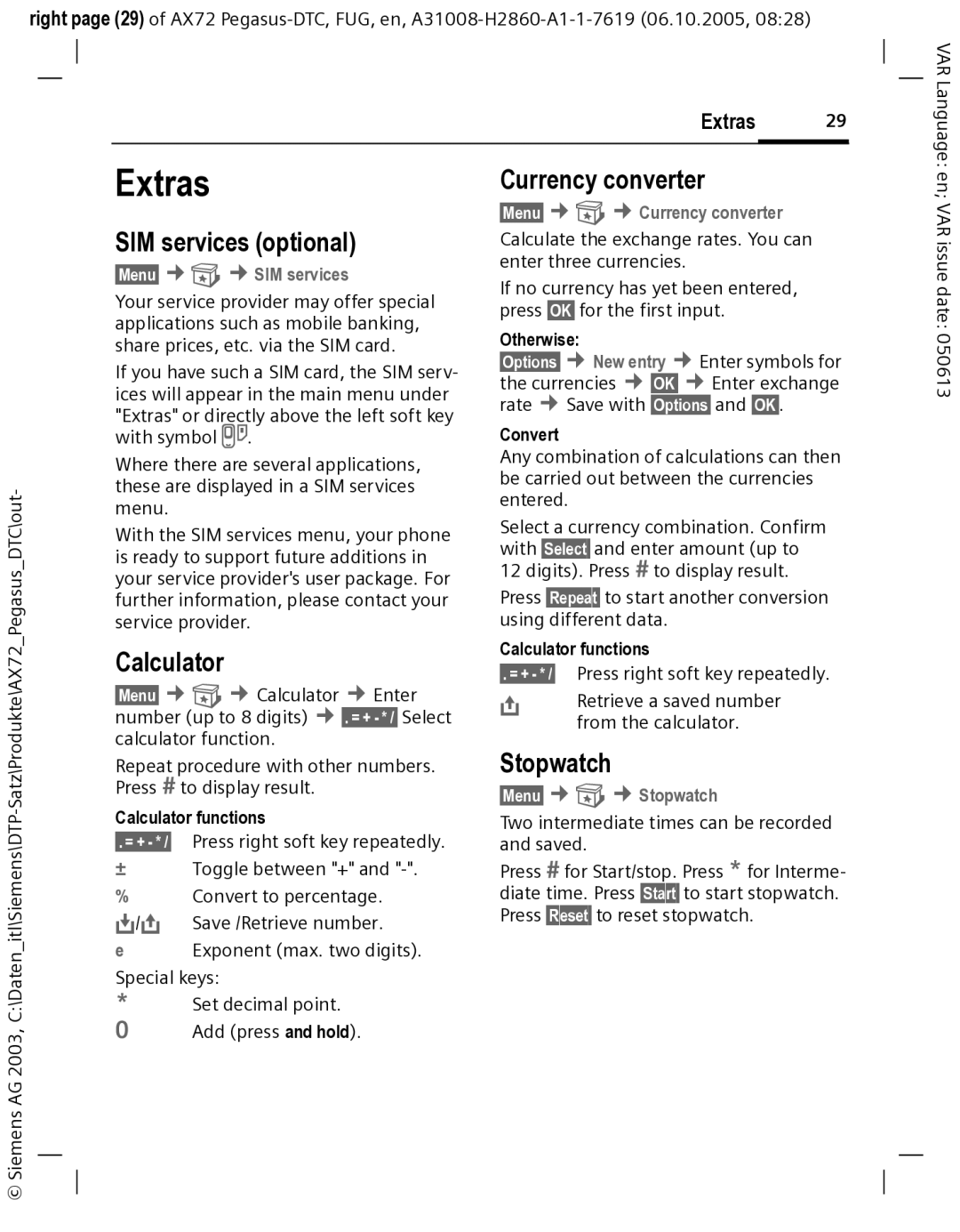 Siemens AX72 manual Extras, SIM services optional, Calculator, Currency converter, Stopwatch 