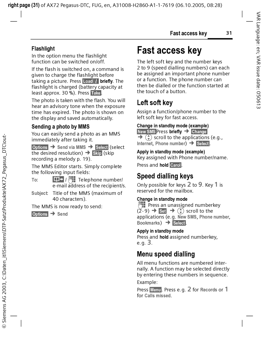 Siemens AX72 manual Fast access key, Left soft key, Speed dialling keys, Menu speed dialling, Flashlight 