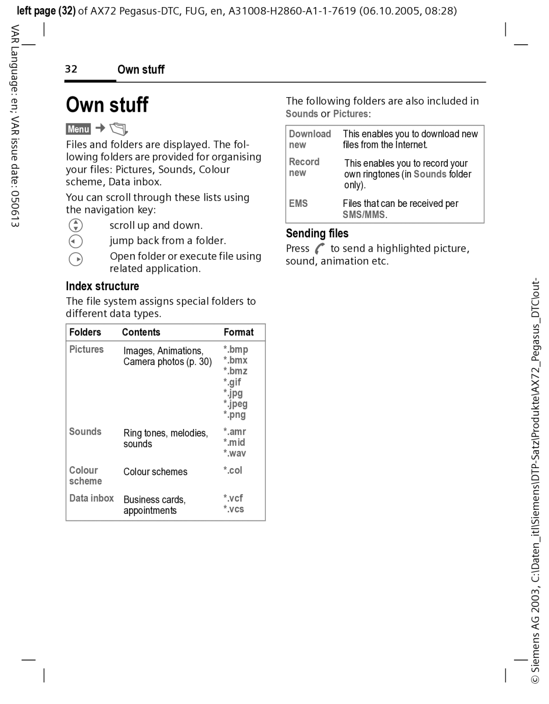 Siemens AX72 manual Language en, Following folders are also included, Sounds or Pictures, Files that can be received per 