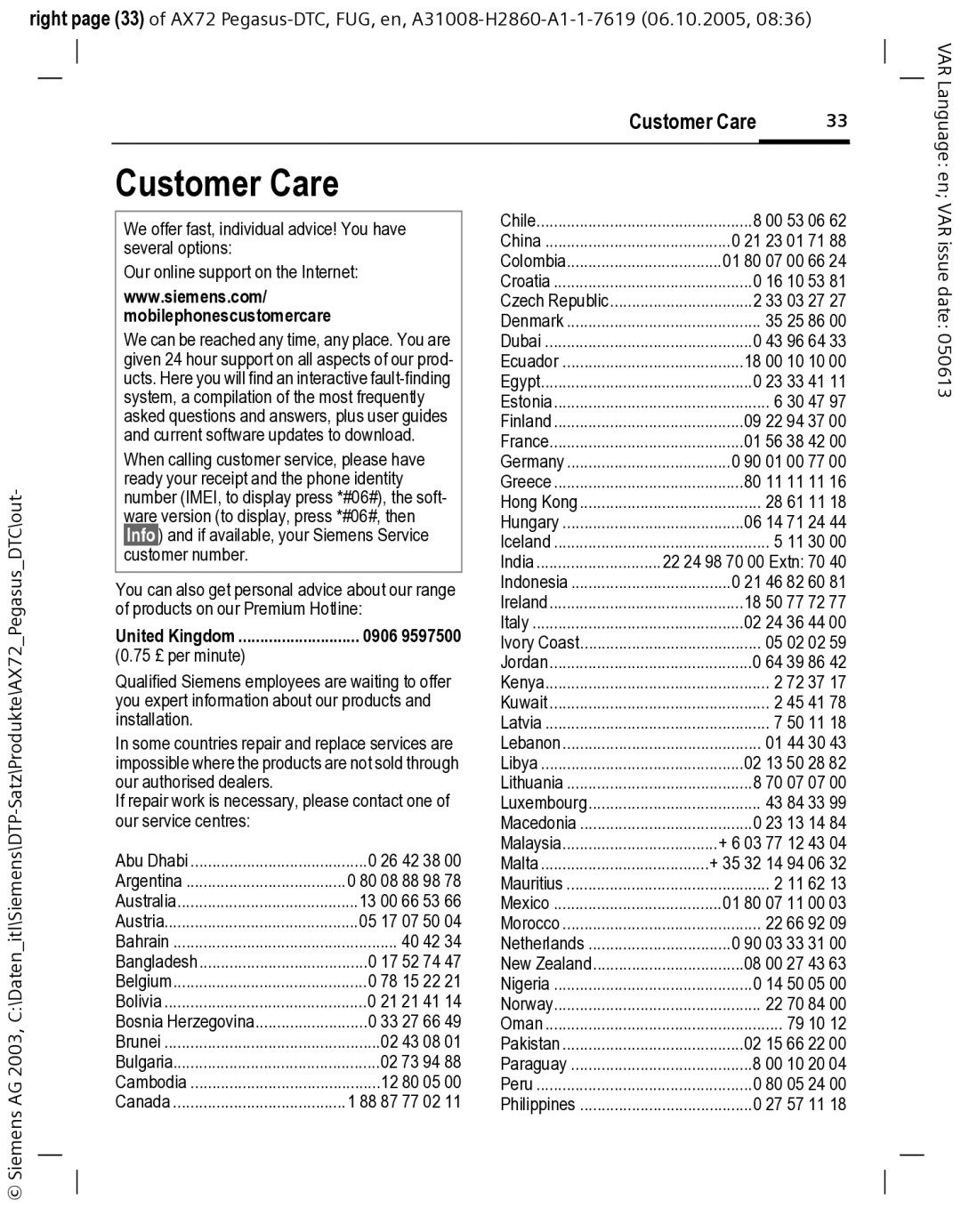 Siemens AX72 manual Customer Care, United Kingdom 0906 75 £ per minute 