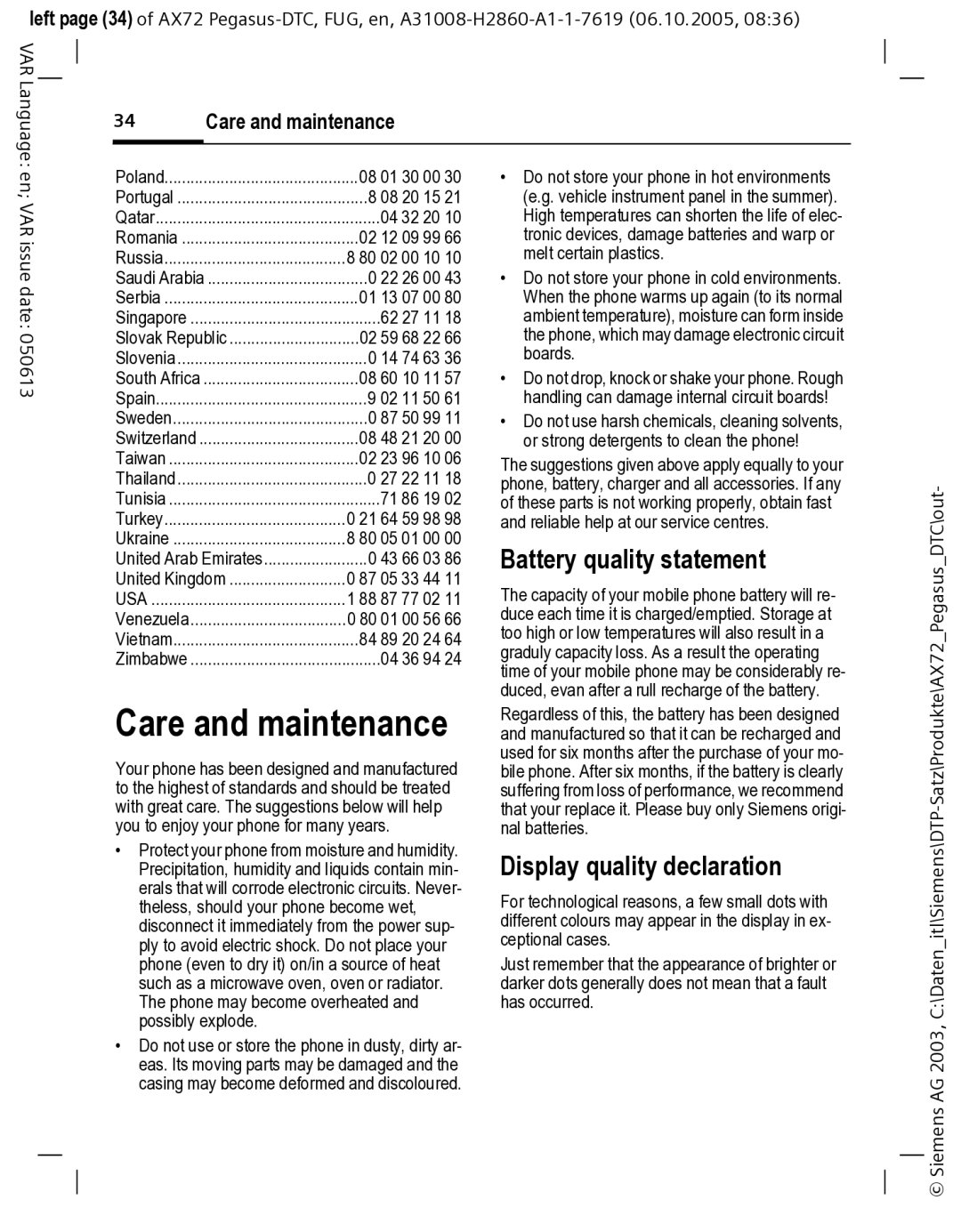 Siemens AX72 manual Care and maintenance, Battery quality statement, Display quality declaration 