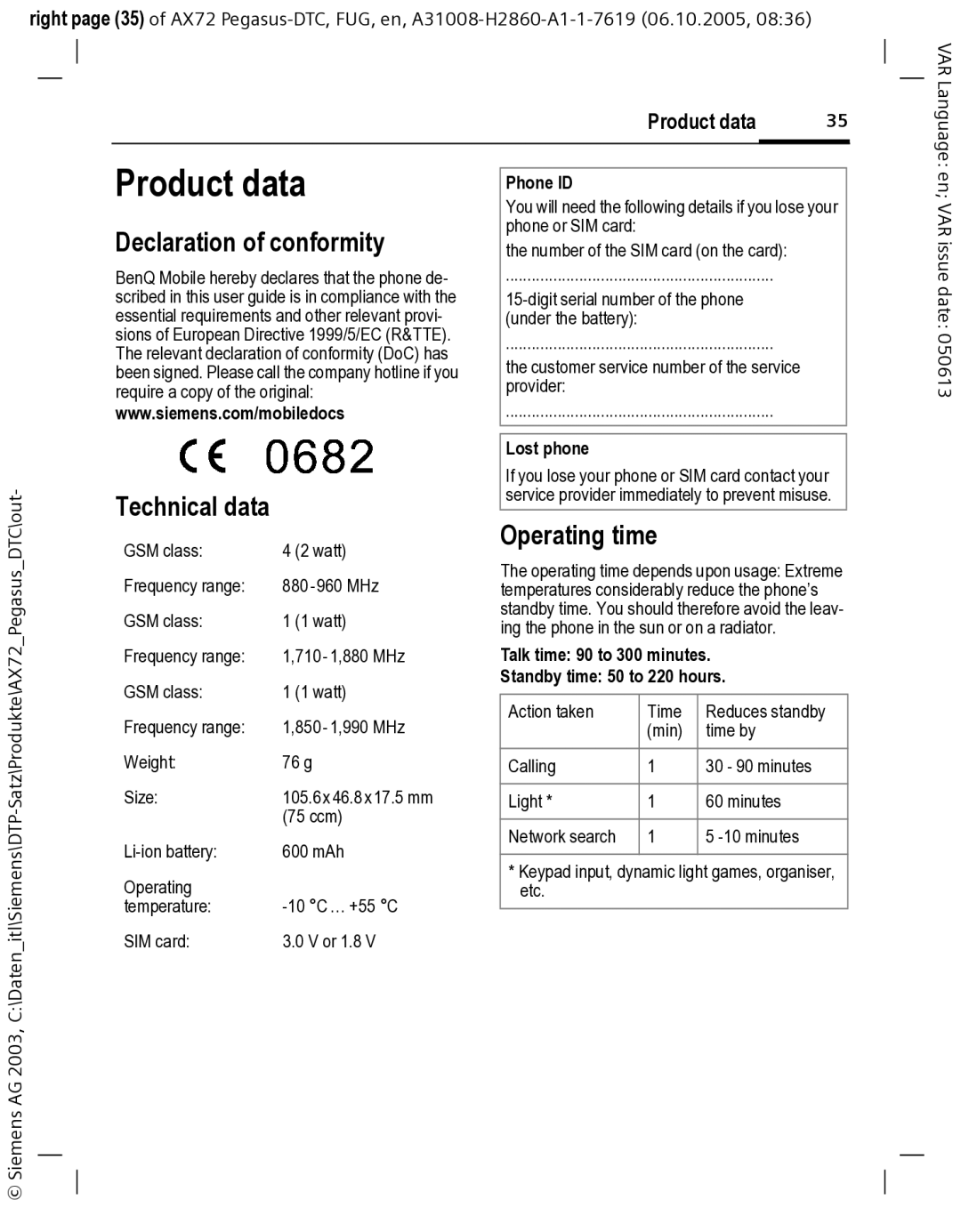 Siemens AX72 manual Product data, Declaration of conformity, Technical data, Operating time 