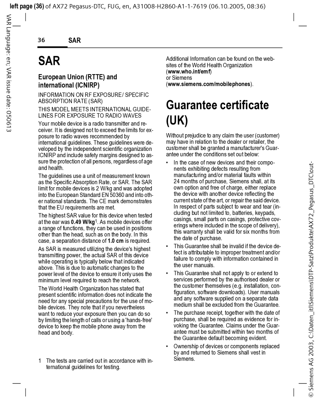 Siemens AX72 manual Guarantee certificate, European Union Rtte, International Icnirp 