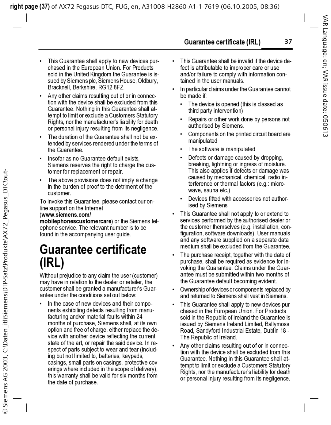 Siemens AX72 manual Guarantee certificate IRL 