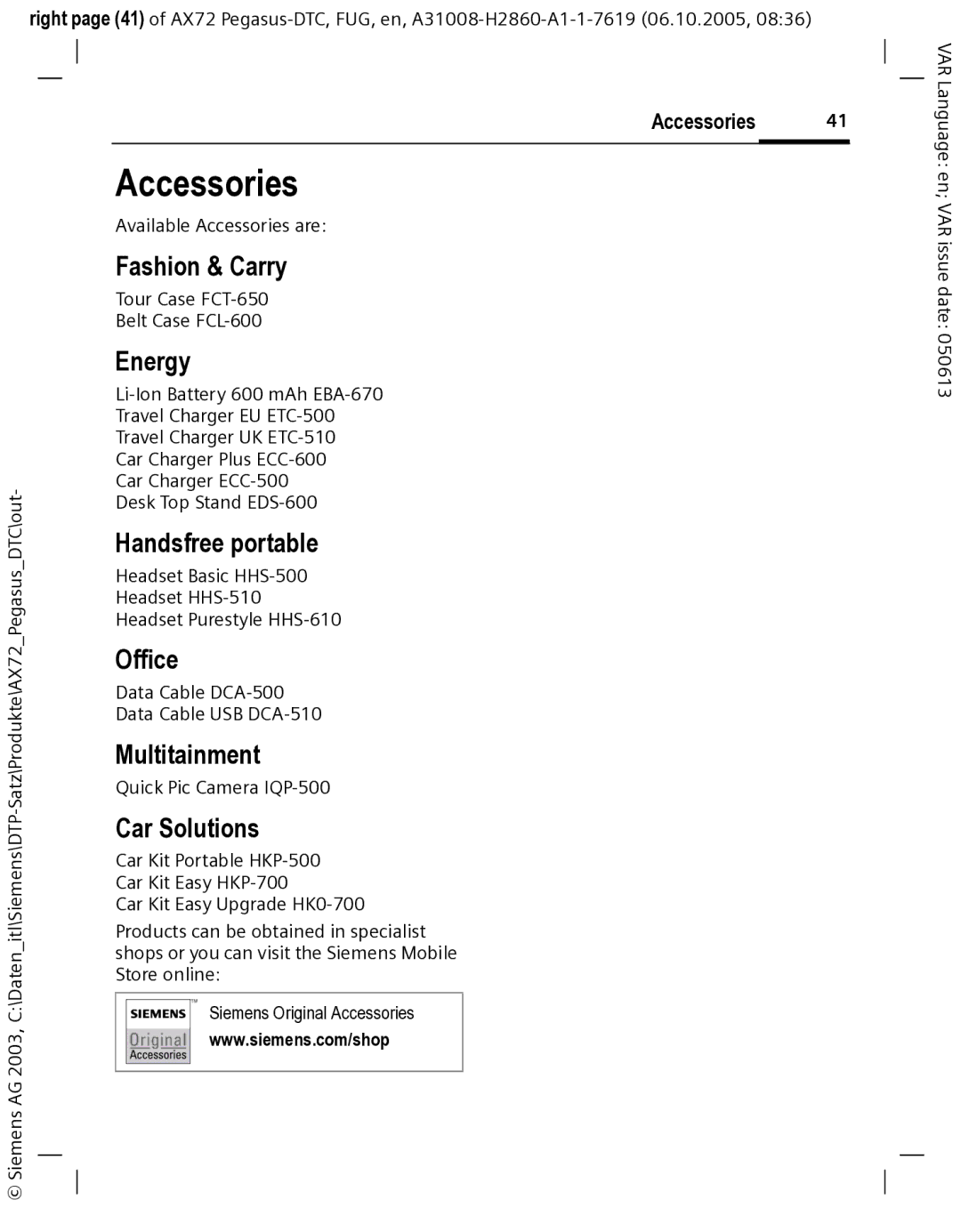 Siemens AX72 manual Accessories 