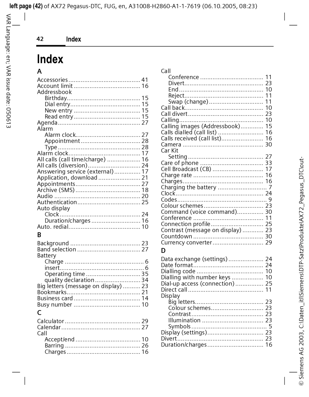 Siemens AX72 manual Index 