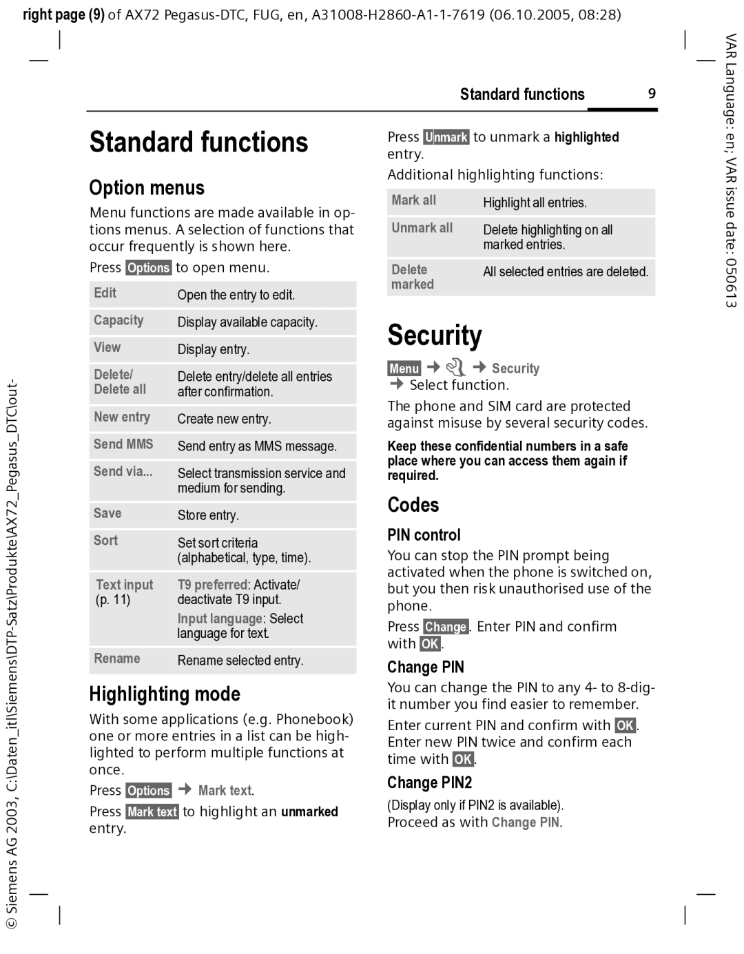 Siemens AX72 manual Standard functions, Option menus, Codes, Highlighting mode 