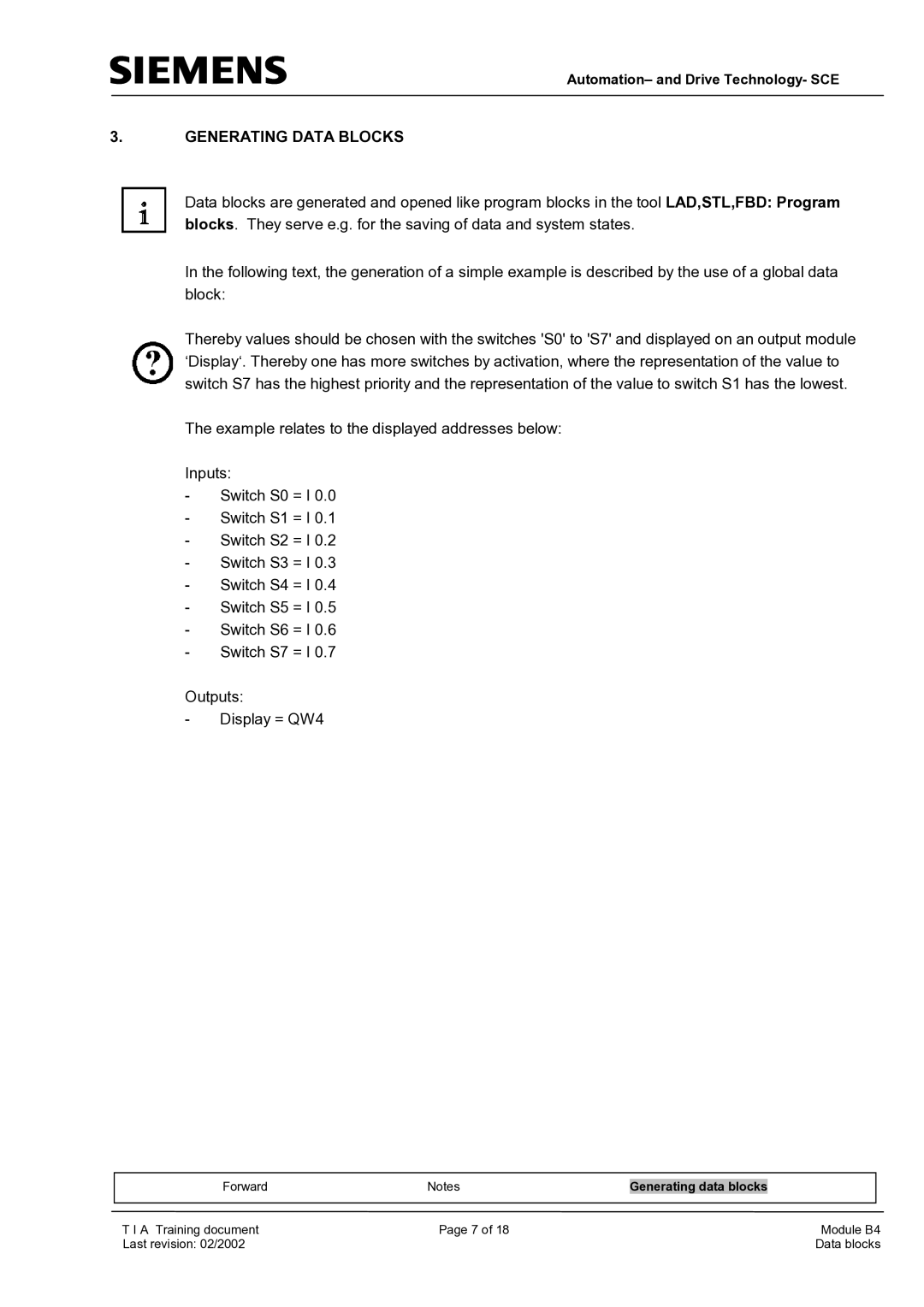 Siemens B4 manual Generating Data Blocks 