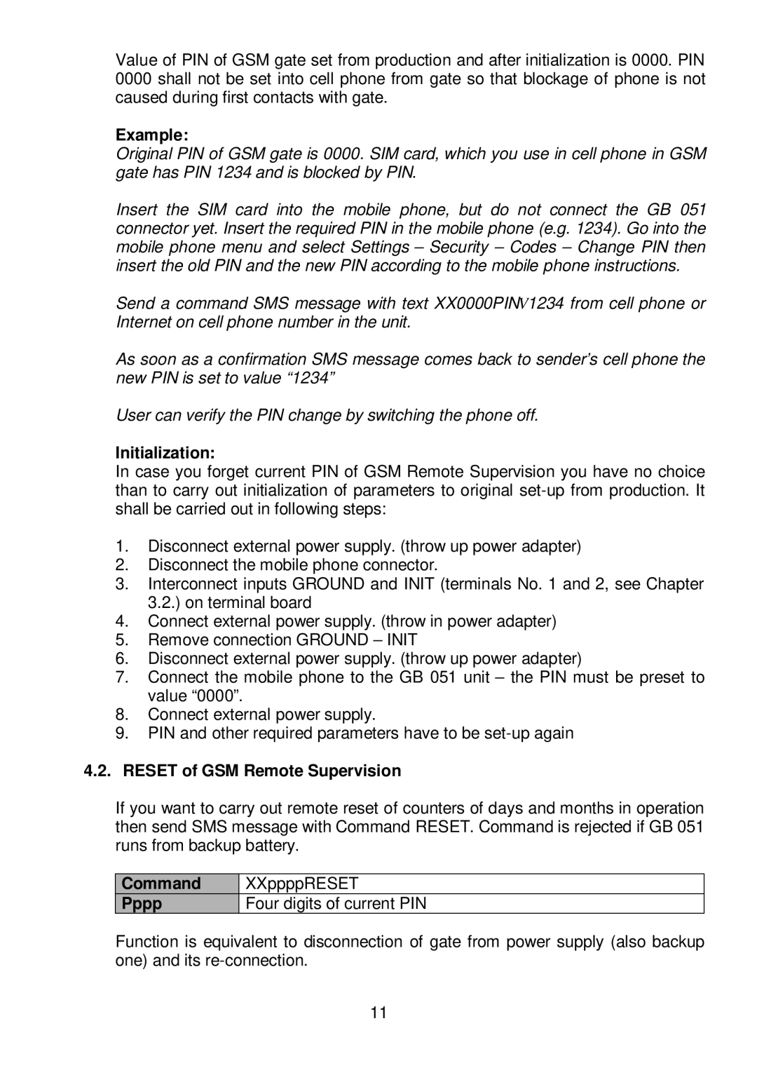 Siemens M35 or S35, C35i manual Example, Initialization, Reset of GSM Remote Supervision 