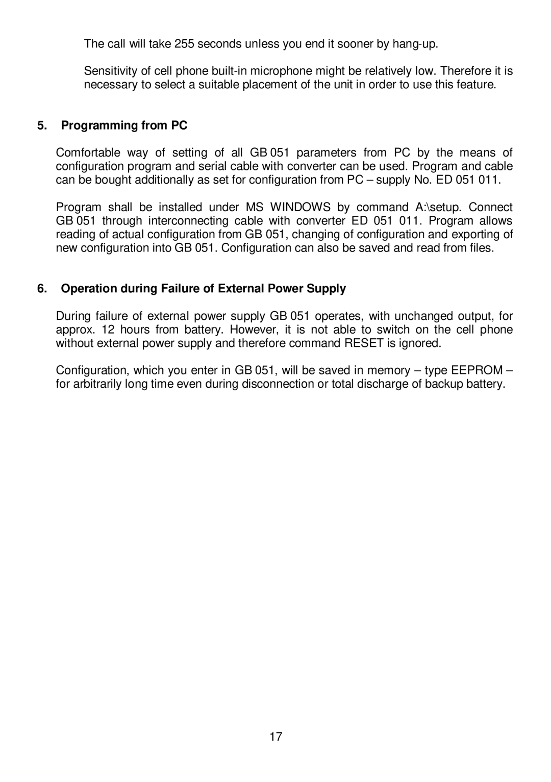 Siemens M35 or S35, C35i manual Programming from PC, Operation during Failure of External Power Supply 