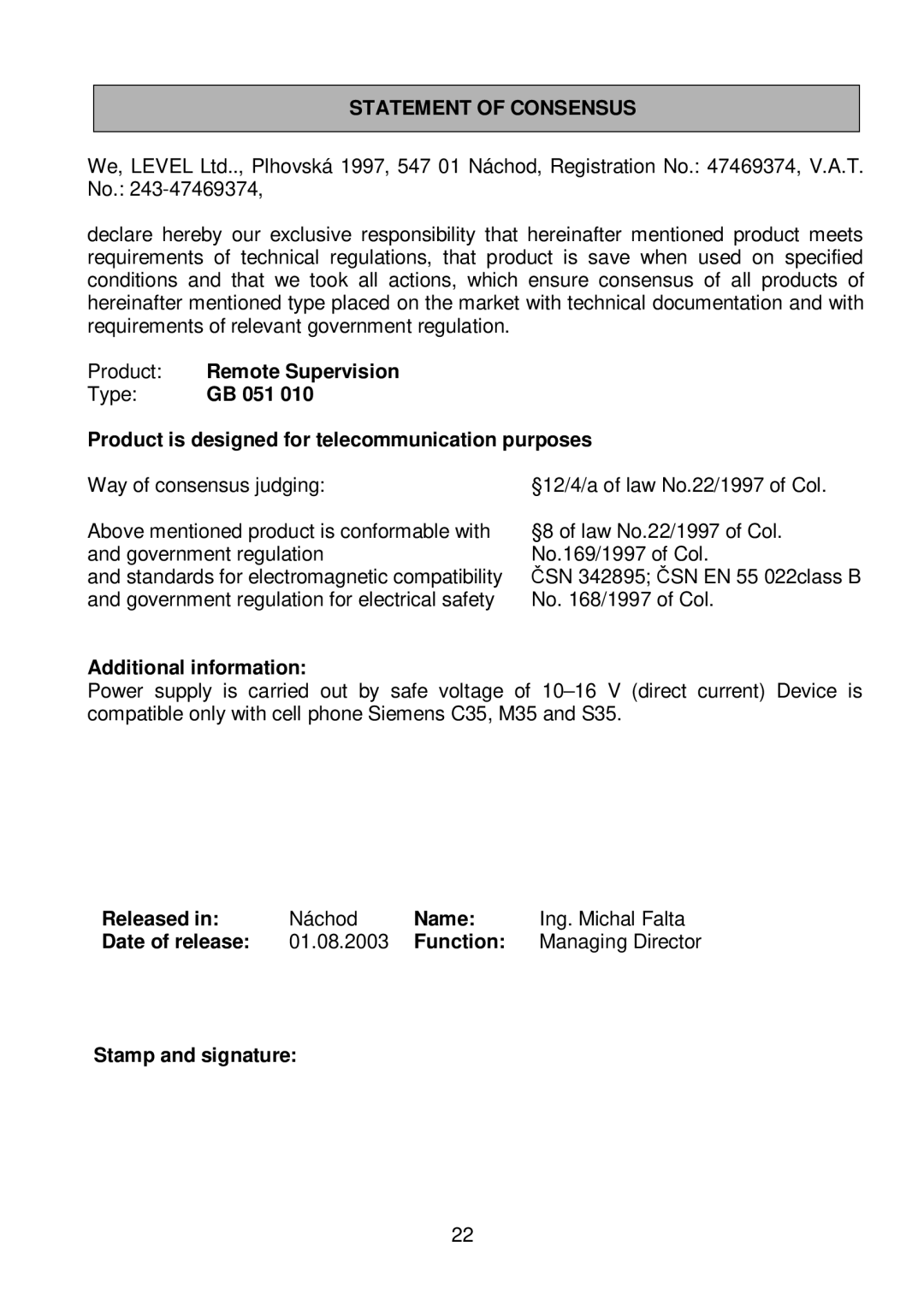 Siemens C35i, M35 or S35 manual Statement of Consensus 