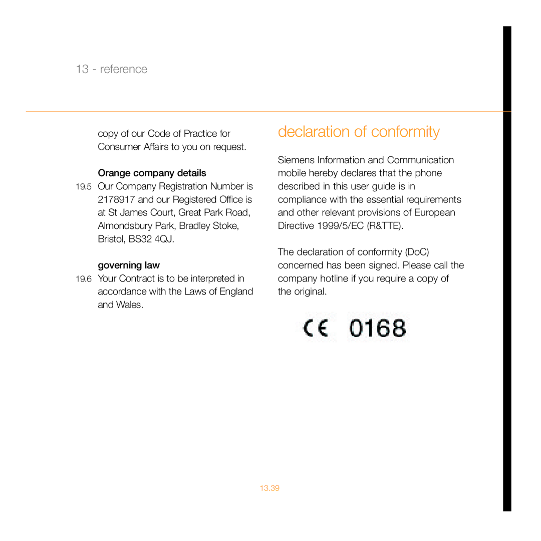 Siemens C55 manual Declaration of conformity, Orange company details 