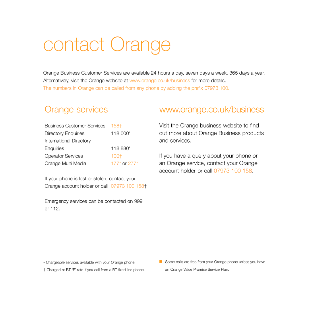 Siemens C55 manual Contact Orange, Orange services, Services, Account holder or call 07973 100 