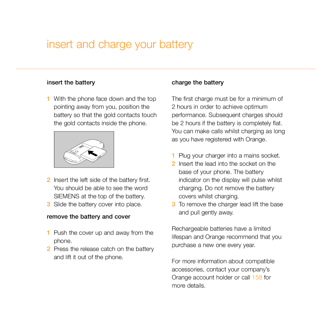 Siemens C55 manual Insert and charge your battery, Insert the battery 