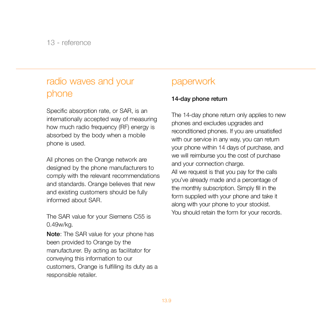 Siemens manual Radio waves and your phone, Paperwork, SAR value for your Siemens C55 is 0.49w/kg, Day phone return 