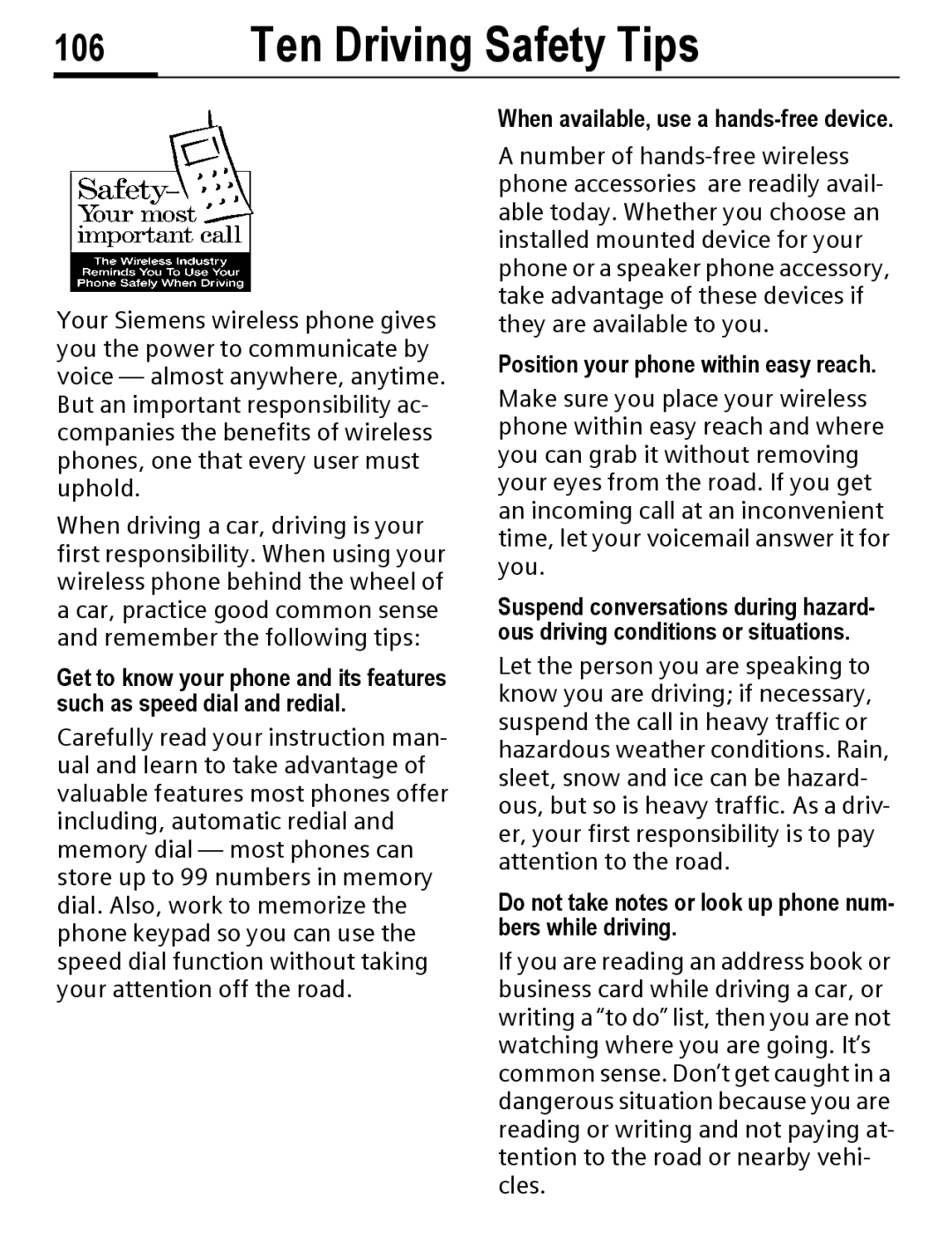 Siemens C56 manual Ten Driving Safety Tips, Ving Tips, When available, use a hands-free device 