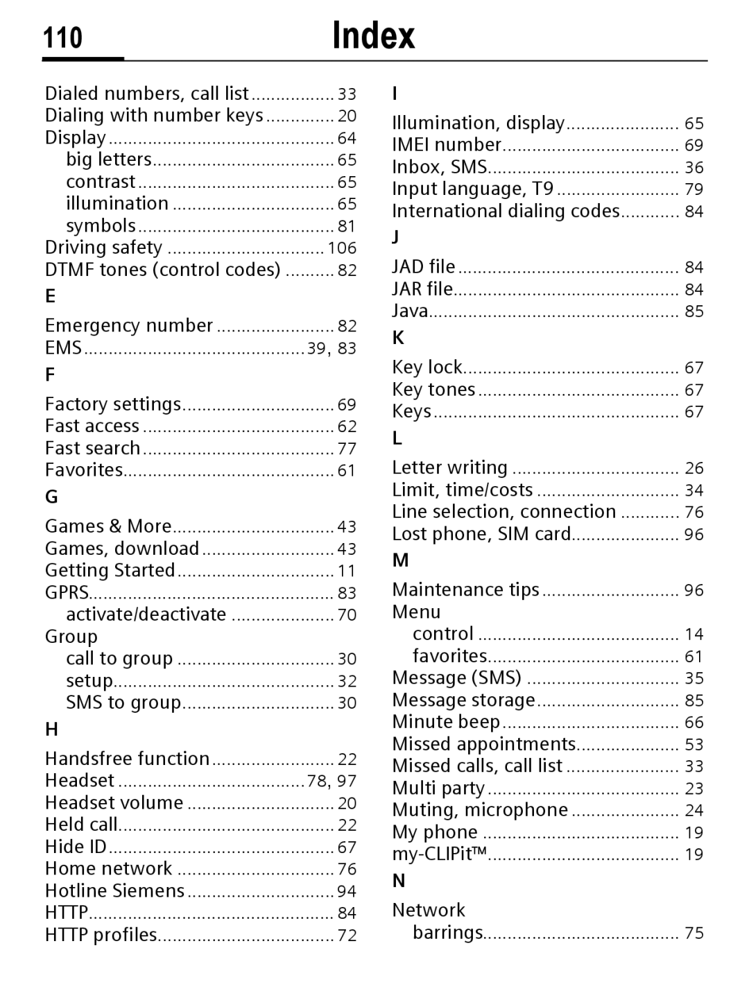 Siemens C56 manual 110Index, Dtmf tones control codes 