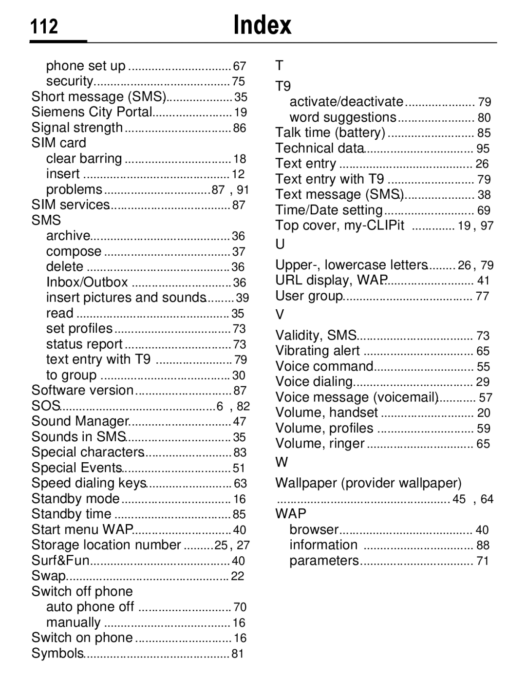 Siemens C56 manual 112Index, Switch off phone, Wallpaper provider wallpaper 