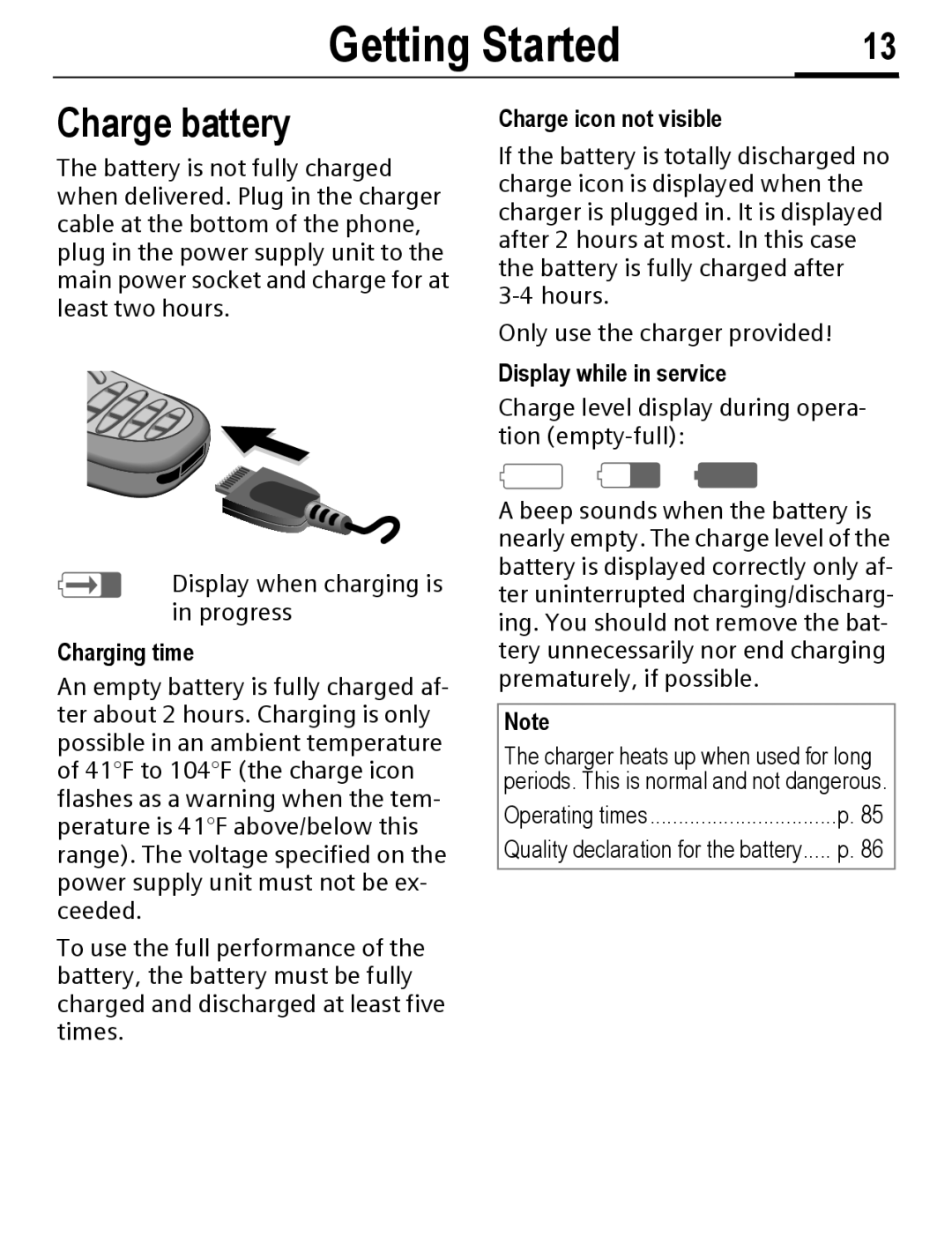 Siemens C56 manual Charge battery, Charging time, Charge icon not visible, Display while in service 