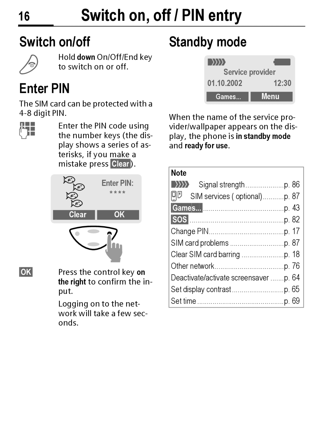 Siemens C56 manual Switch on, off / PIN entry, On, off Switch on/off, Enter PIN, Standby mode 