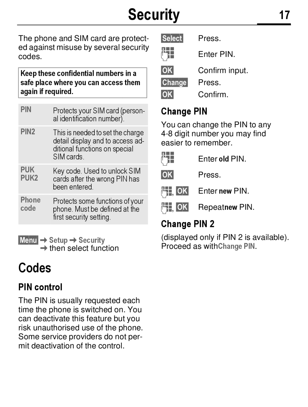 Siemens C56 manual Security17, Codes, Change PIN, PIN control 