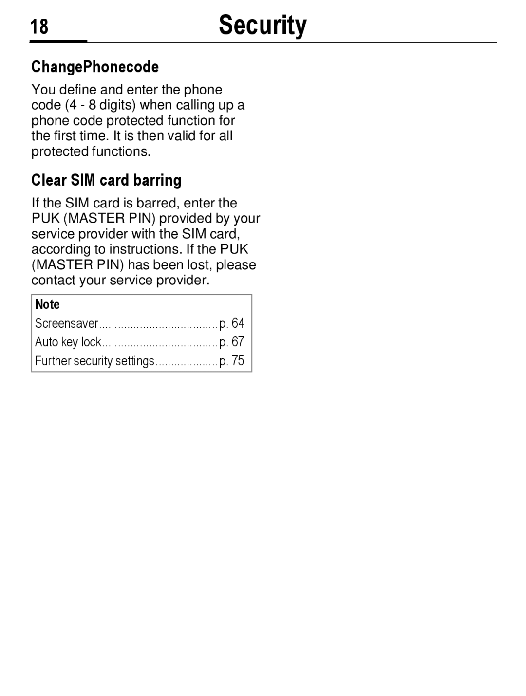 Siemens C56 manual 18Security, ChangePhonecode, Clear SIM card barring 