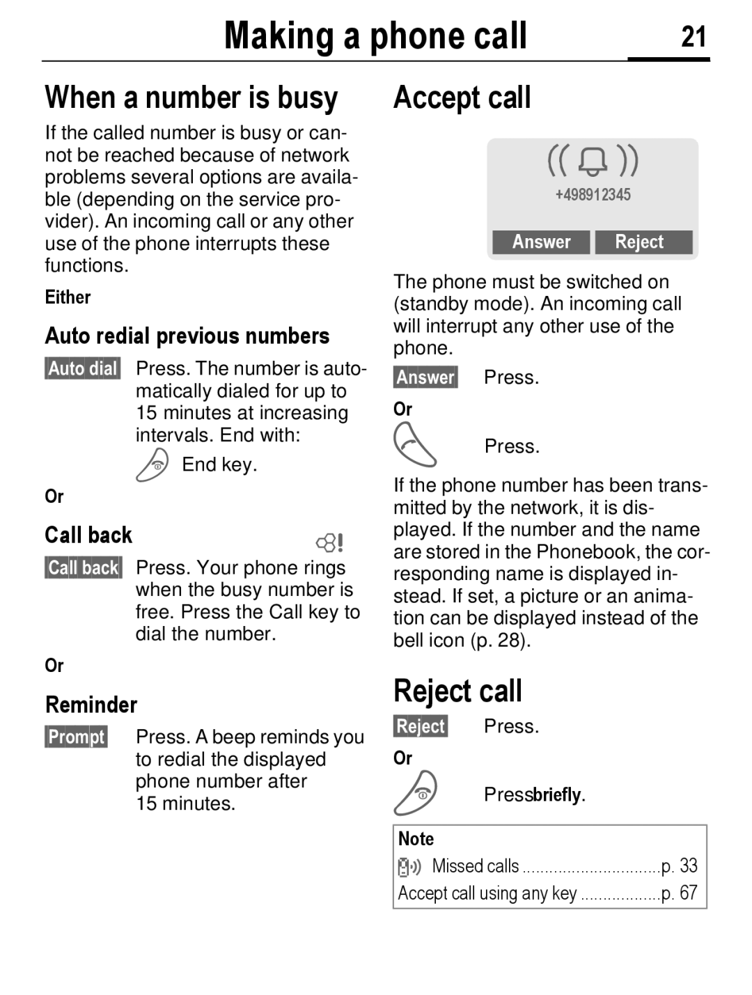 Siemens C56 manual When a number is busy, Accept call, Reject call 