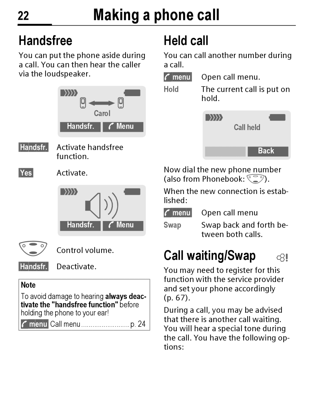 Siemens C56 manual Handsfree, Held call, Handsfr. Menu, Back 