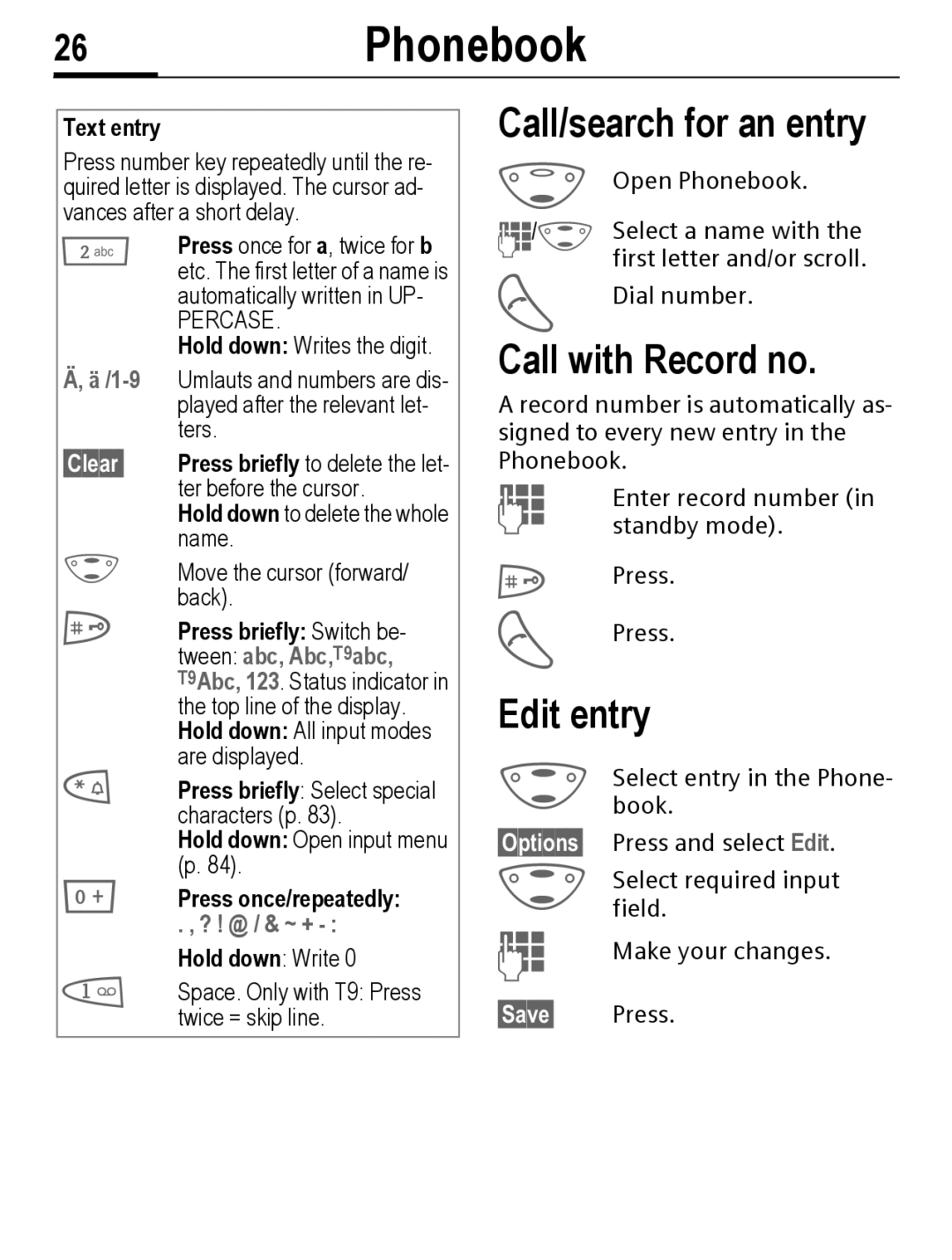 Siemens C56 manual 26Phonebook, Call/search for an entry, Call with Record no, Edit entry 