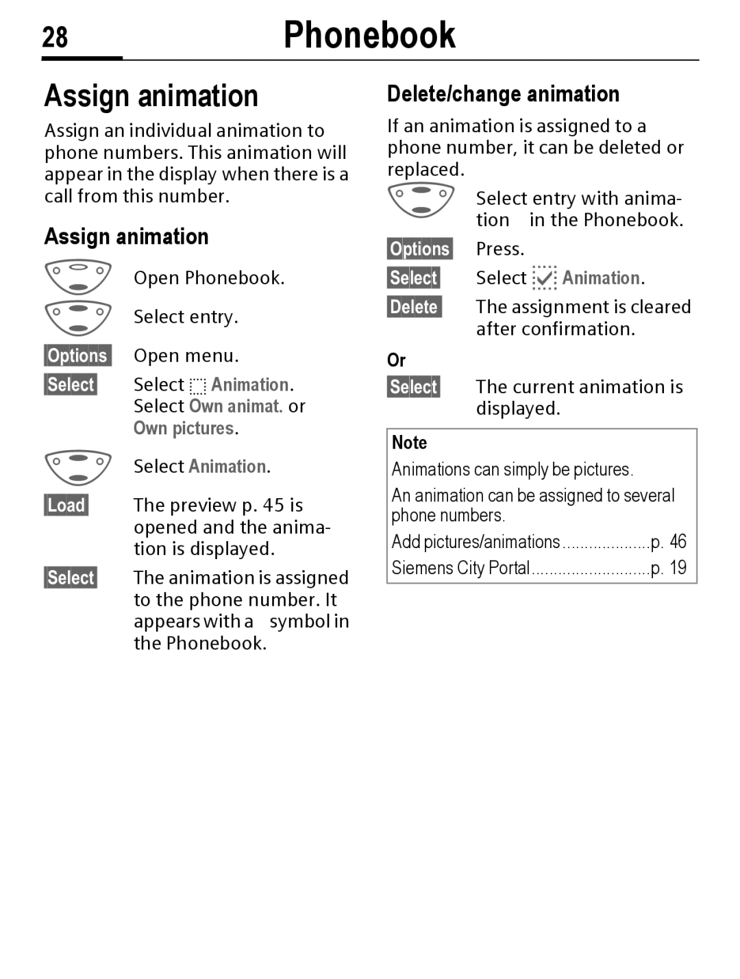 Siemens C56 manual 28Phonebook, Assign animation, Delete/change animation 