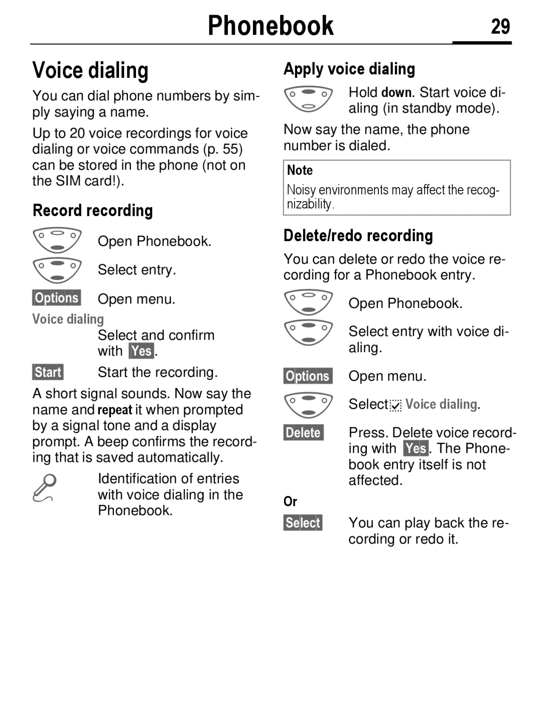 Siemens C56 manual Phonebook29, Voice dialing, Record recording, Apply voice dialing, Delete/redo recording 