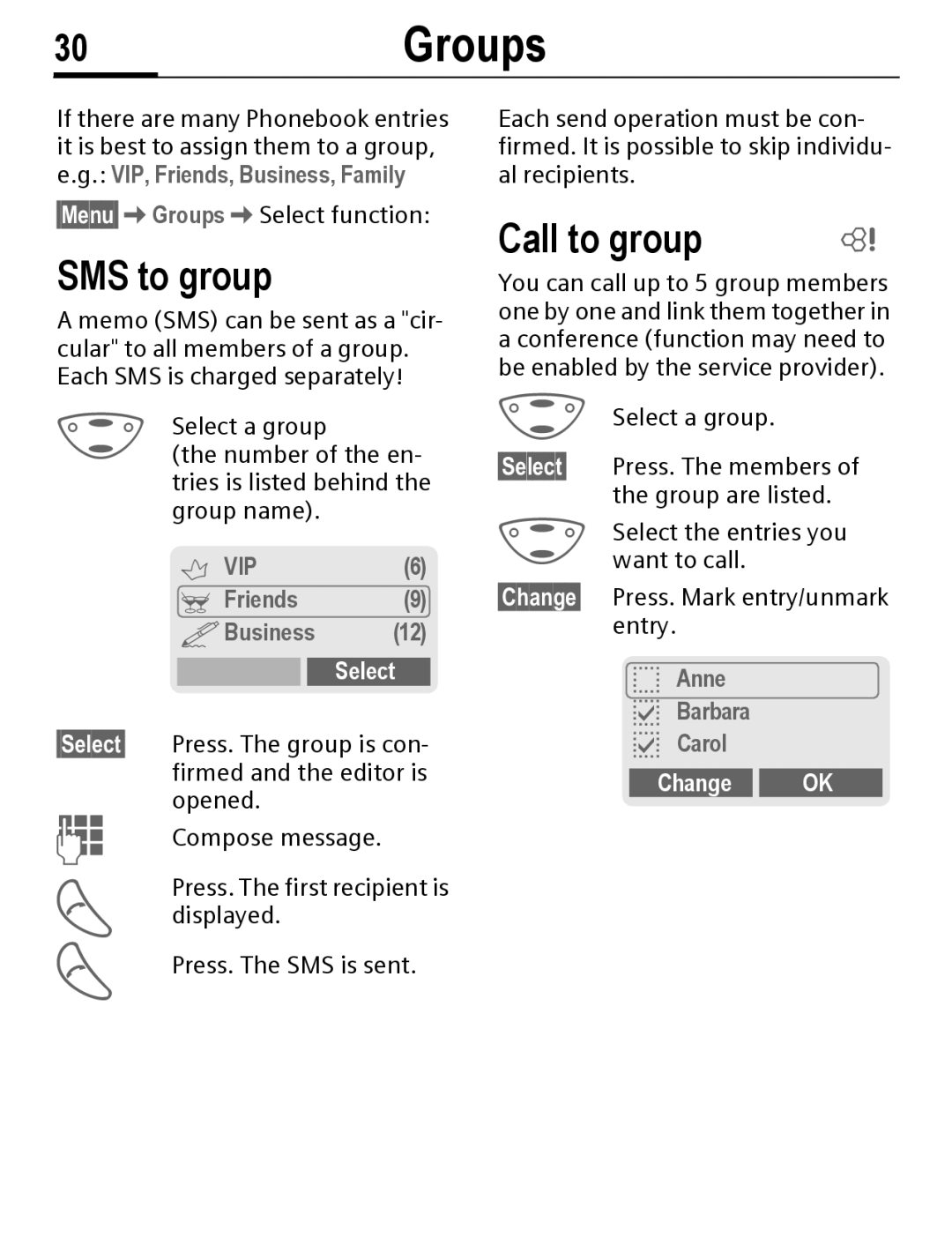 Siemens C56 manual 30Groups, SMS to group, ˆ VIP ‰ Friends ‡Business, Anne ? Barbara ? Carol, Change OK 