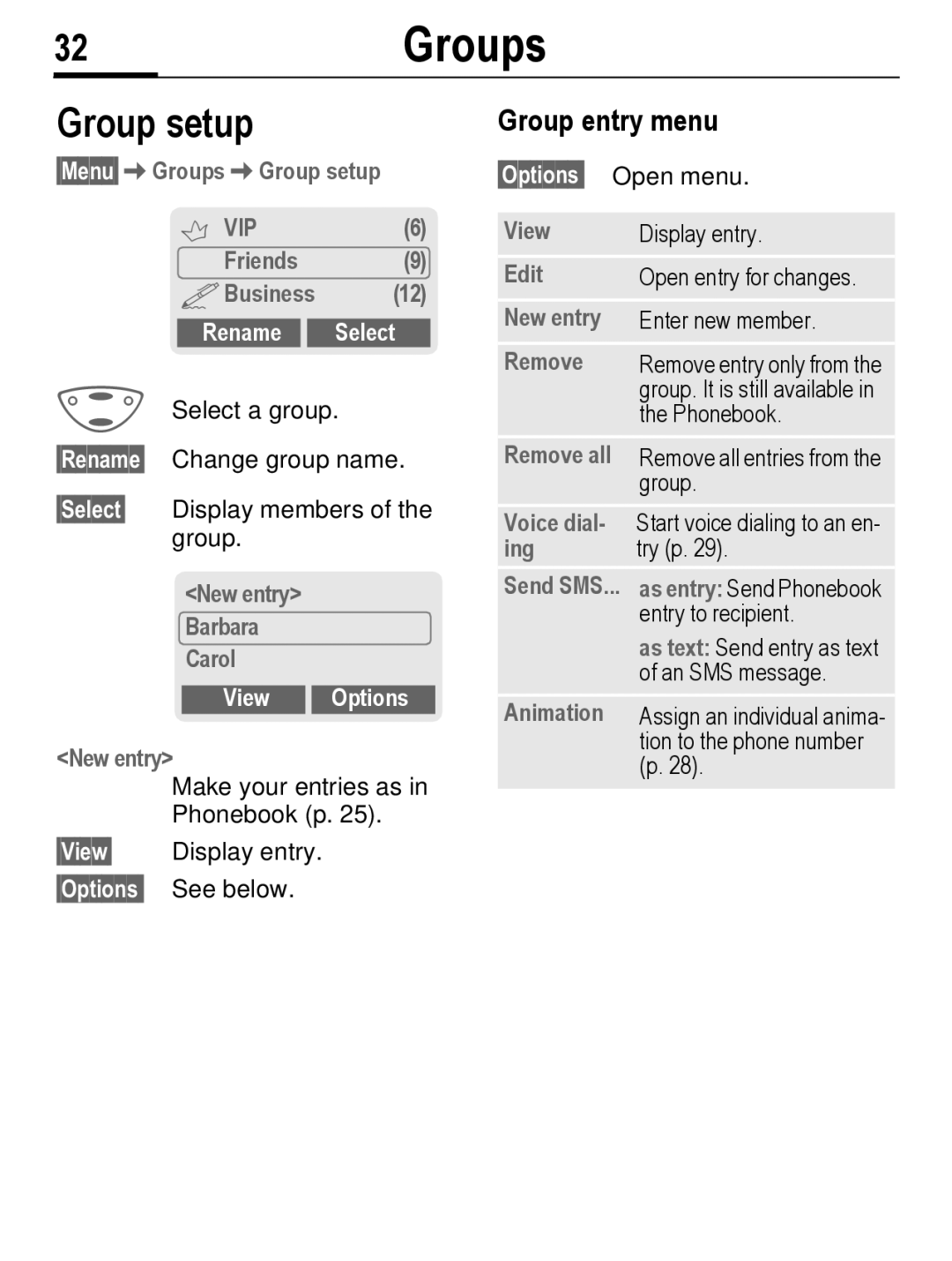 Siemens C56 manual 32Groups, Group setup, Group entry menu, Rename 