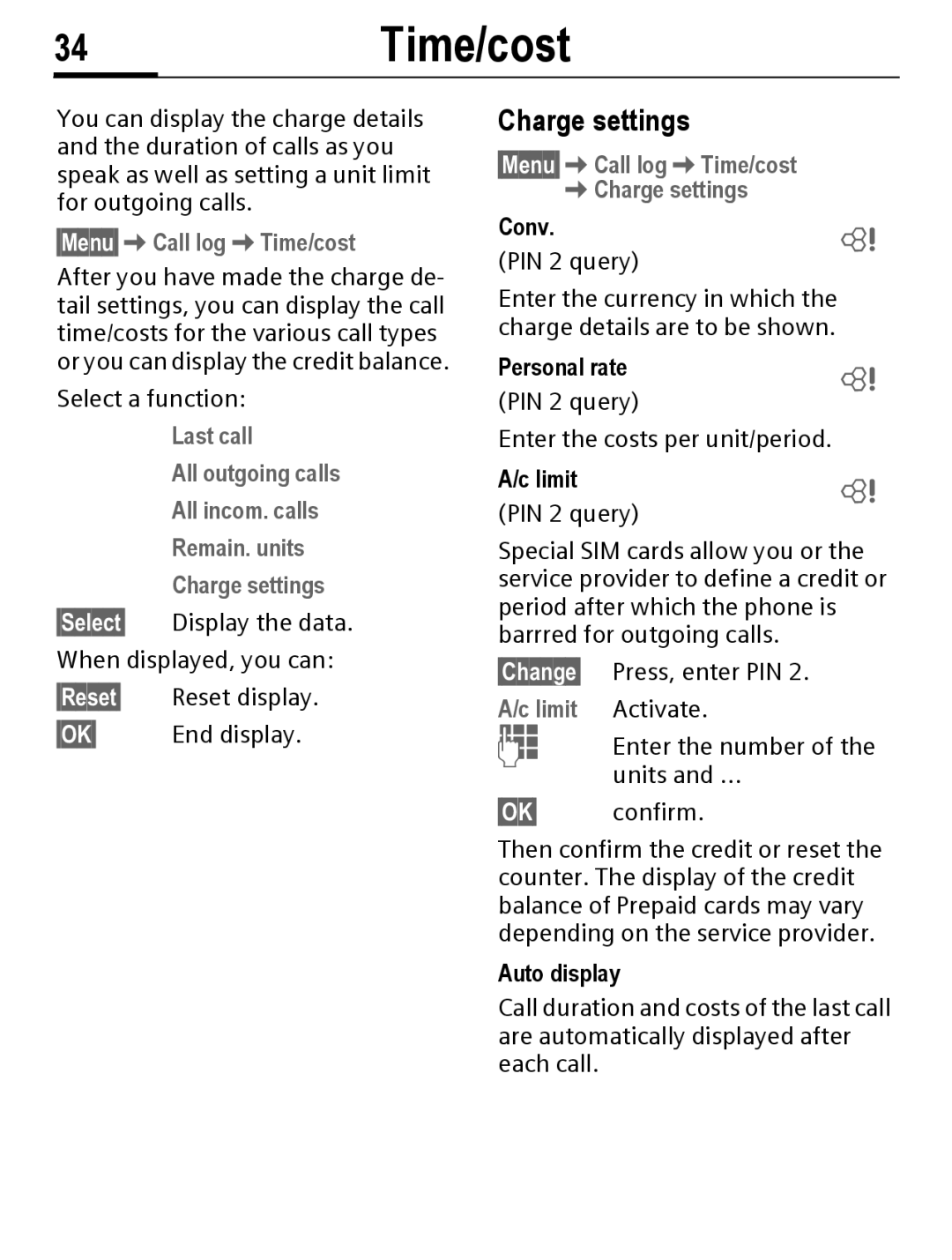 Siemens C56 manual 34Time/cost, Charge settings, §Menu§Call logTime/cost, Limit Activate 