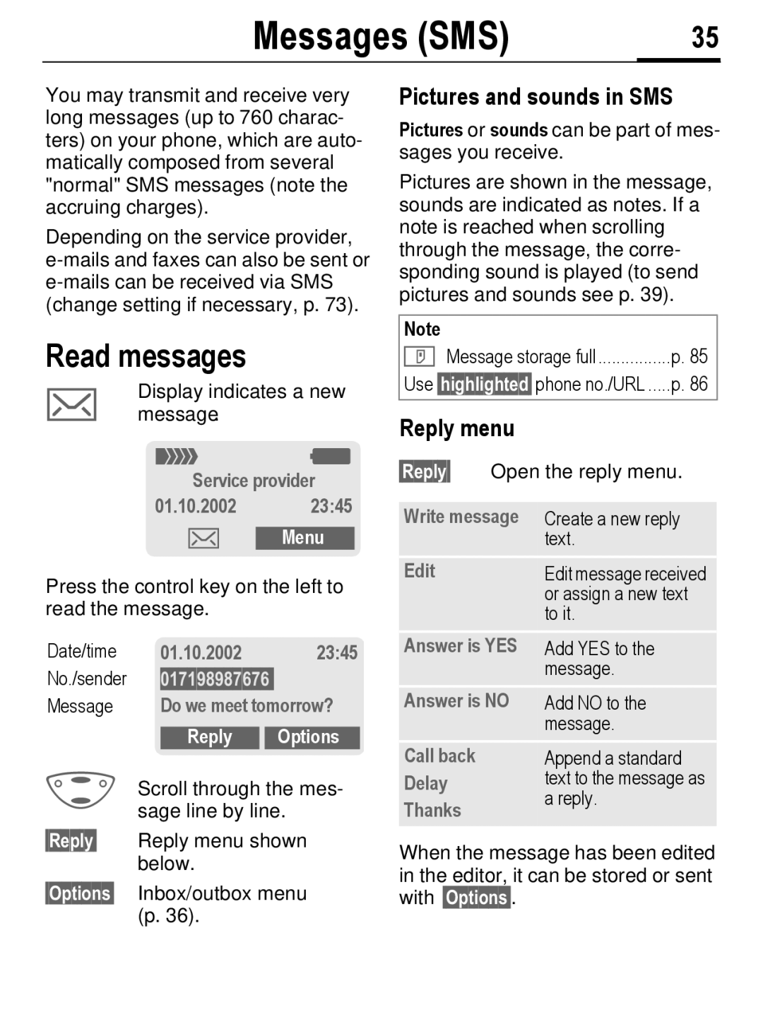 Siemens C56 manual Messages SMS, Read messages, Pictures and sounds in SMS, Reply menu, Reply Options 