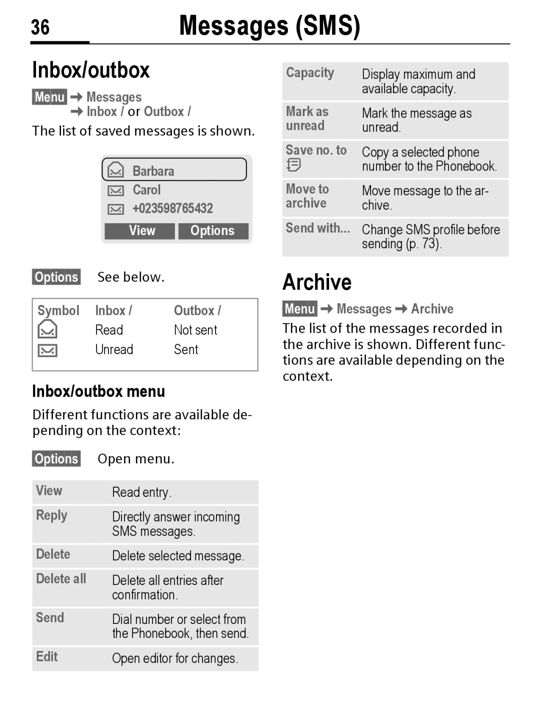 Siemens C56 manual Archive, Inbox/outbox menu 