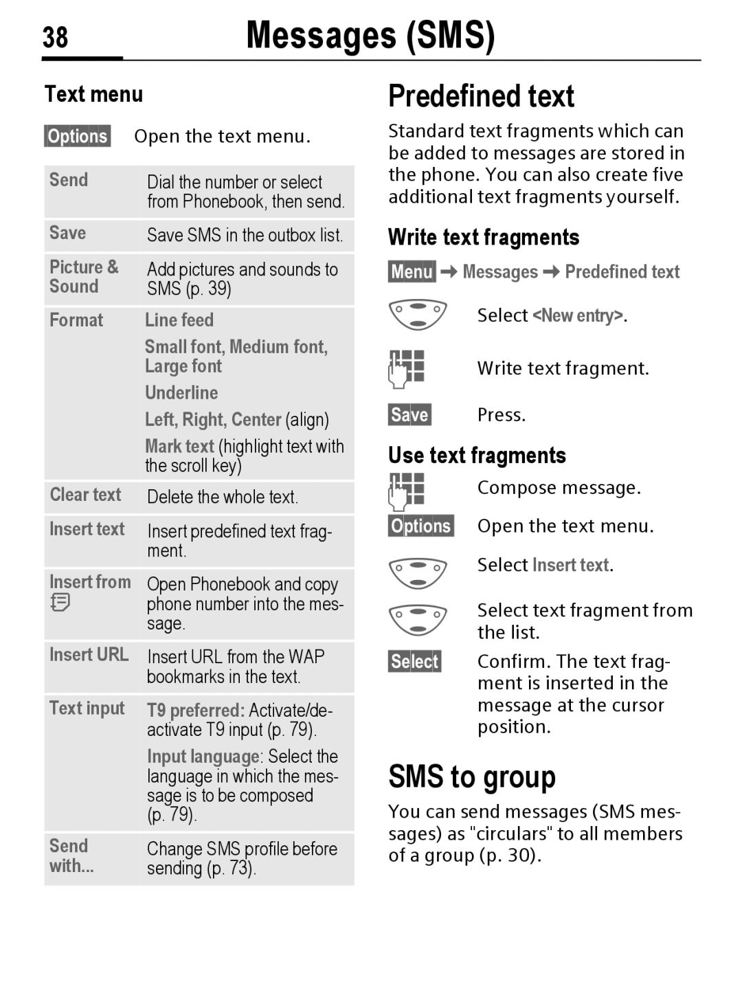 Siemens C56 manual Predefined text, Text menu, Write text fragments, Use text fragments 