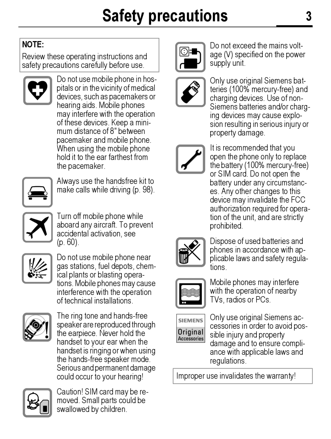 Siemens C56 manual Safety precautions, Ions, Improper use invalidates the warranty 