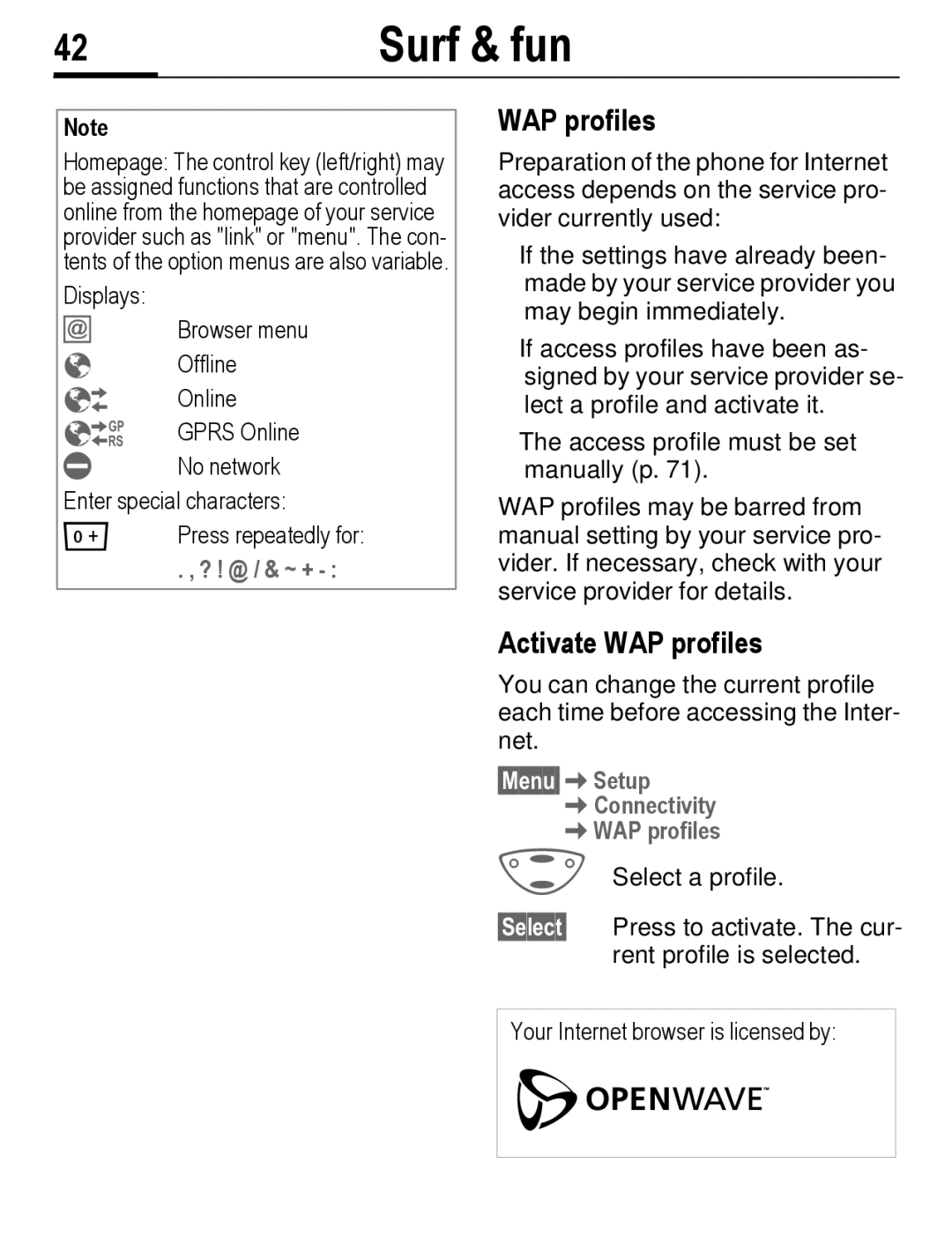 Siemens C56 Activate WAP profiles, §Menu§Setup Connectivity WAP profiles, Your Internet browser is licensed by 